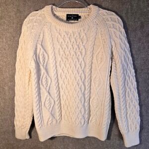 The Irish Store Mens Small Merino Wool Aran Cable Knit Fisherman Sweater Cream